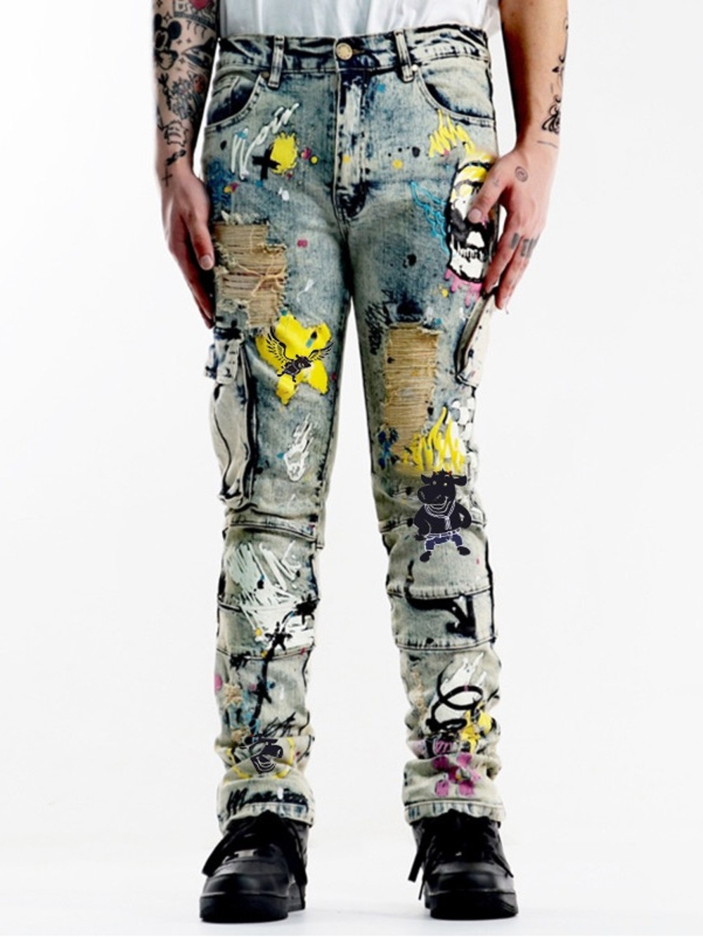 Maison Noir Men’s Distressed Skinny Skull Colorful Streetwear Grunge Zip Jeans